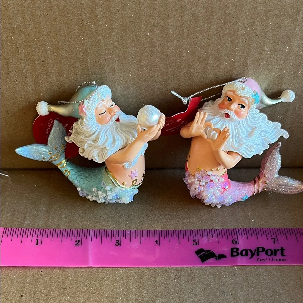 Festive Mermaid Santa Ornaments - Aqua and Pink